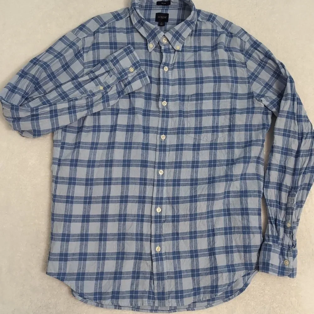 JCrew Shirt Mens L‎ Blue Plaid Slim Fit Linen Bkend Button Down Casual EUC